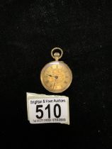 AN 18 CARAT GOLD CASED FOB WATCH; STAMPED '18K'; ENGRAVED DECORATION; ROMAN NUMERALS; LENGTH 3.