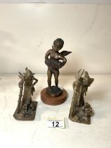 TWO AFRICAN SCULPTURED BRONZES; 11CM WITH A BRONZE CHERUB PLAYING ACCORDION; 17CM