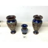 PAIR OF ROYAL DOULTON VASES A/F (REPAIR TO RIM ON ONE) 18CM WITH A SMALLER ROYAL DOULTON VASE