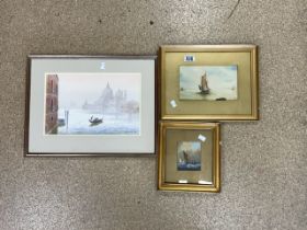 THREE WATERCOLOURS ONE OF VENICE, THE OTHERS ARE SAILING BOATS AT SEA; LARGEST; 50 X 39CM