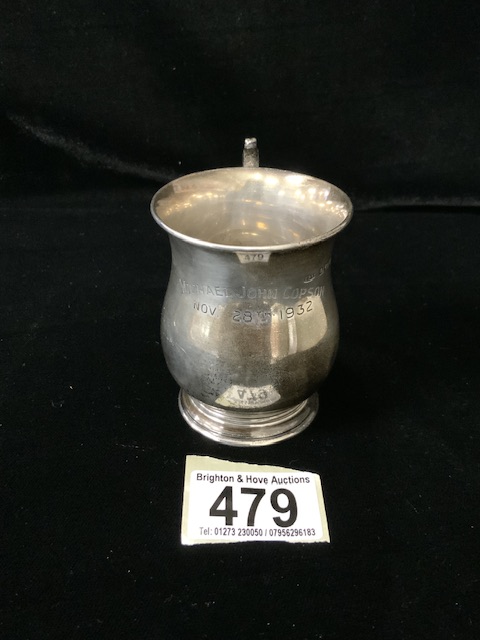 HALLMARKED SILVER CIRCULAR BALUSTER CHRISTENING MUG; DATED 1930; BY COLE BROTHERS; 7.5CM; 67 GRAMS