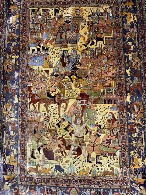 BEAUTIFUL KASHMIR INDIAN SILK RUG WITH FIGURES AND ANIMALS; 190 X 122 - Image 2 of 4