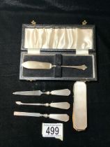 A CASED STERLING SILVER ALBANY PATTERN BUTTER KNIFE; BIRMINGHAM 1971 AND A FOUR PIECE STERLING
