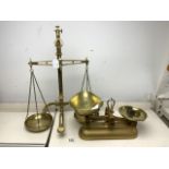 BRASS BANKING SCALES BY MARLOW OF KEWBRIDGE WITH A METAL SET OF KITCHEN SCALES