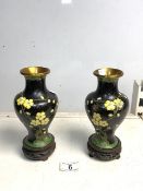 PAIR CLOISONNE VASES ON WOODEN STANDS; 19CM