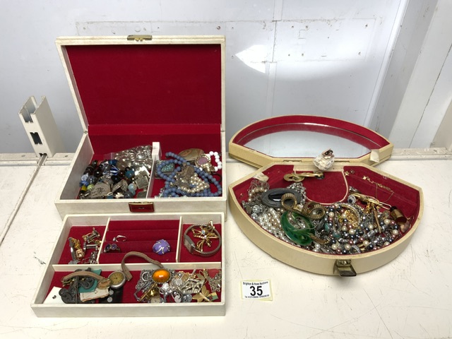 TWO VINTAGE JEWELLERY BOXES CONTAINING COSTUME JEWELLERY INCLUDING; BROOCHES, EARRINGS, BEADS,