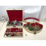 TWO VINTAGE JEWELLERY BOXES CONTAINING COSTUME JEWELLERY INCLUDING; BROOCHES, EARRINGS, BEADS,