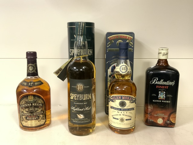 FOUR BOTTLES OF WHISKY, GLEN MOREY, SPEYBURN, BALLANTINES AND CHIVAS REGAL