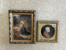 TWO RELIGIOUS RELATED PAINTINGS; LARGEST 36 X 28.5CM