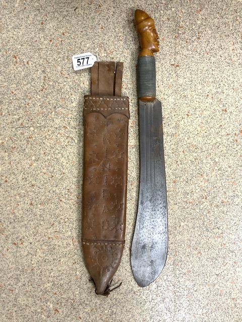 BOLO KNIFE WITH LEATHER SHEATH BY ROBERT MOLE BIRMINGHAM WOODEN CARVED HANDLE BLADE LENGTH 37.5CM