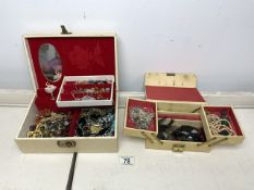 TWO JEWELLERY BOXES FULL OF VINTAGE COSTUME JEWELLERY INCLUDES SILVER