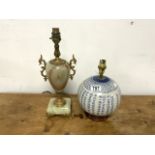 TWO VINTAGE LAMPS, BLUE AND WHITE CHINESE CERAMIC AND ONYX AND BRASS