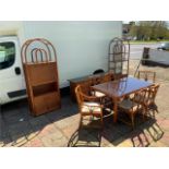 VINTAGE WICKER AND BAMBOO LIVING ROOM FURNITURE, TABLE WITH SIX CHAIRS, SIDEBOARD AND TWO DISPLAY