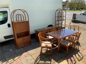 VINTAGE WICKER AND BAMBOO LIVING ROOM FURNITURE, TABLE WITH SIX CHAIRS, SIDEBOARD AND TWO DISPLAY