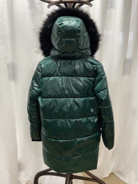 A DKNY MID-LENGTH METALLIC GREEN COAT WITH A FUR-LINED HOOD; US SIZE M - Image 3 of 3
