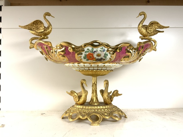 LARGE ORNATE ORMOLU AND PORCELAIN CONTINENTAL COMPORT DISH DECORATED WITH SWANS