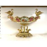 LARGE ORNATE ORMOLU AND PORCELAIN CONTINENTAL COMPORT DISH DECORATED WITH SWANS