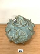 VINTAGE MAJOLICA STYLE LIDDED BOWL DECORATED WITH SEA CREATURES; 28CM DIAMETER; A/F