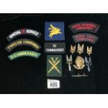 A QUANTITY OF MILITARY CLOTH AND METAL CAP BADGES, PATCHES AND SHOULDER TITLES INCLUDING; TWELVE