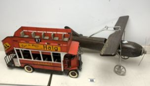 TWO MODERN VINTAGE LOOKING TOYS INCLUDES METAL OPEN TOP BUS; 40 X 23CM, WITH A WOODEN AIRCRAFT