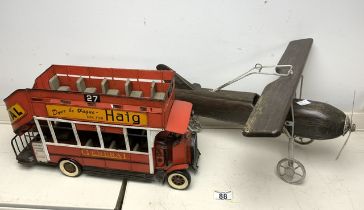 TWO MODERN VINTAGE LOOKING TOYS INCLUDES METAL OPEN TOP BUS; 40 X 23CM, WITH A WOODEN AIRCRAFT