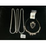 A QUANTITY OF COSTUME JEWELLERY INCLUDING; A STERLING SILVER CHAIN,; STAMPED 925, A BROOCH, TWO