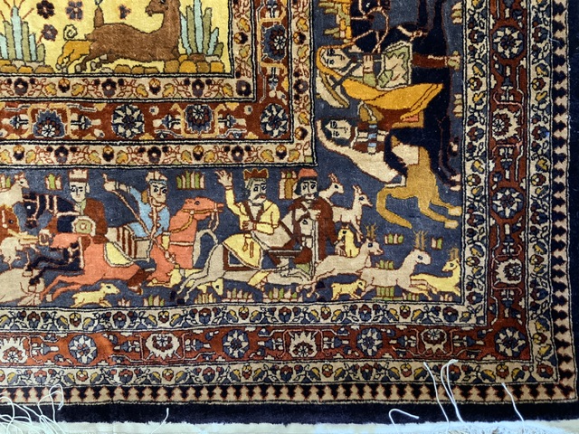 BEAUTIFUL KASHMIR INDIAN SILK RUG WITH FIGURES AND ANIMALS; 190 X 122 - Image 3 of 4