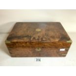 VICTORIAN BURR WALNUT AND BRASS BOUND RECTANGULAR WRITING SLOPE, THE LEATHER LINED INTERIOR WITH TWO