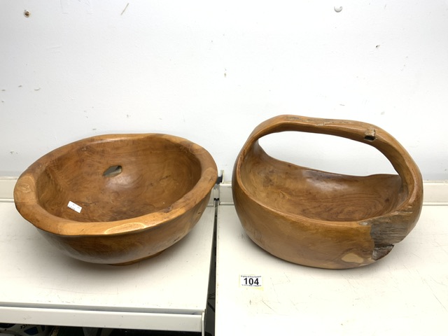 TWO WOODEN ROOT CARVED ITEMS; LARGEST 35CM DIAMETER