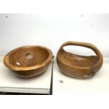 TWO WOODEN ROOT CARVED ITEMS; LARGEST 35CM DIAMETER