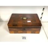 ANTIQUE ROSEWOOD WOODEN BOX WITH A CHINESE WATERCOLOUR INSIDE THE LID; WITH WORKING KEY; 25.5 X