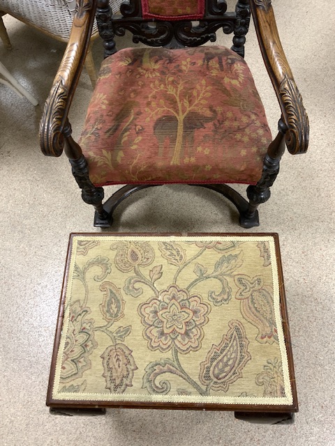 ANTIQUE OAK GOTHIC REVIVAL ARMCHAIR WITH A BALL AND CLAW FOOTED STOOL - Image 2 of 2