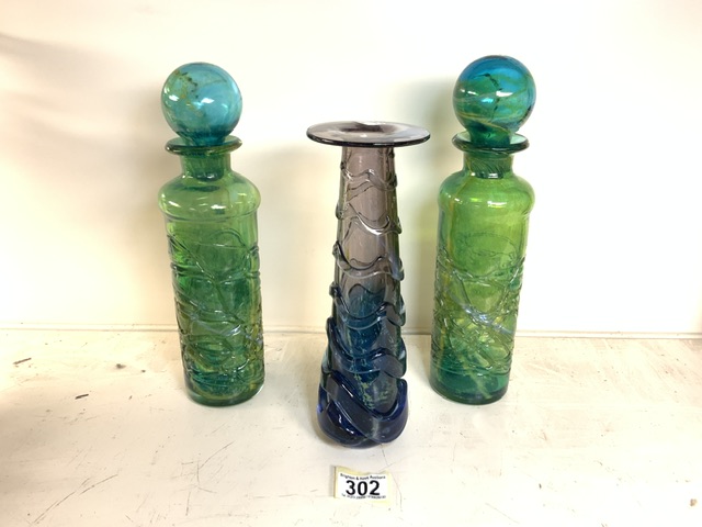 MDINA VASE; 25.5CM WITH TWO MDINA DECANTER BOTTLES; 31CM