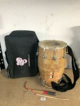 INDIAN DHOLKA DRUM; AS NEW; WITH STICKS AND CASE