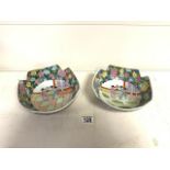 PAIR OF CHINESE CANTON FAMILLE ROSE CUT CORNER BOWLS BOTH HAND PAINTED WITH CHARACTER MARKS TO BASE;
