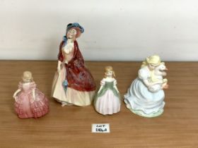 THREE ROYAL DOULTON FIGURES 'PAISLEY SHAWL' HN1987, 'PENNY' HN2338 AND 'ROSE' HN1368 WITH A COALPORT