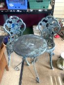PAIR OF PAINTED METAL GARDEN CHAIRS WITH METAL TABLE
