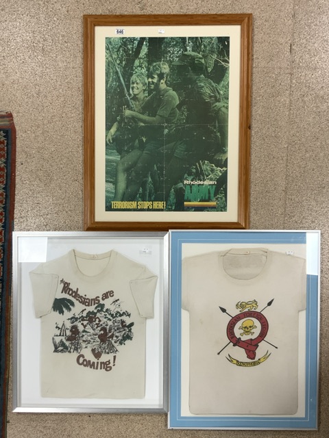 RHODESIAN ARMY 'TERRORISM STOPS HERE' PUBLICITY POSTER WITH TWO ORIGINAL RHODESIAN T SHIRTS; ALL