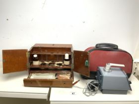 VINTAGE MEDICAL INSTRUMENT FOR HEARING AND WOODEN CABINET FOR MEDICAL GLASS TUBES