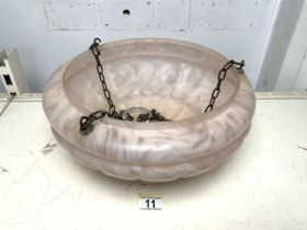 VINTAGE 1960S MOTTLED PINK GLASS LIGHT SHADE WITH CHAINS; 36CM DIAMETER