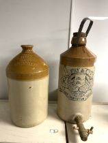 A LARGE ANTIQUE STONEWARE BOTTLE / CASK / FLAGON MARKED WITH COAT OF ARMS FOR R.FRY & CO. LTD;