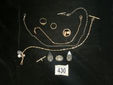 A QUANTITY OF JEWELLERY INCLUDING; A SILVER BROOCH; STAMPED 'STERLING'; TWO FOB WATCH CHAINS; ONE