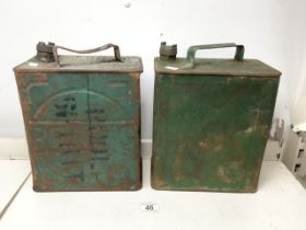 TWO VINTAGE BENZOL PETROL CANS WITH BRASS TOPS, ONE PRATTS & WAR DEPARTMENT 1940