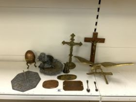 MIXED ITEMS INCLUDES BRASS CRUCIFIXES, EAGLE, SUNDIAL, AND MORE