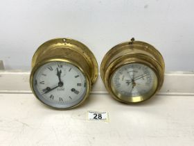 VINTAGE BRASS BARREL CHIMING CLOCK BY SESTREL WITH A DIPLEX BAROMETER