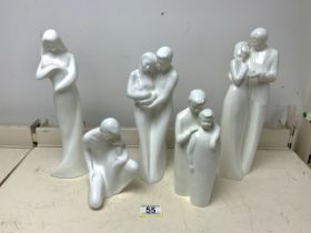 FOUR ROYAL DOULTON WHITE GLAZED FIGURES "IMAGES" WITH SIMILAR COALPORT FIGURE "THE GIFT OF LOVE";