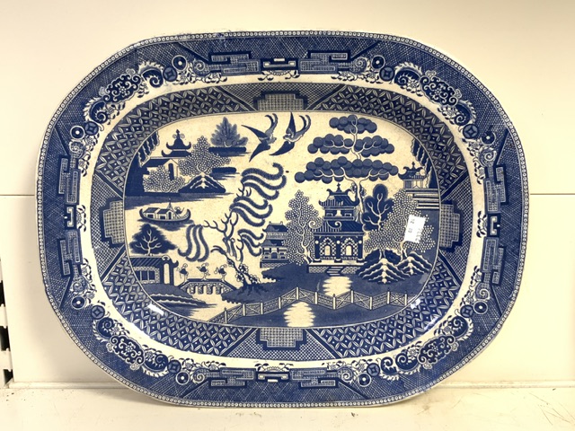 WILLOW PATTERN MEAT PLATE, WEDGWOOD BALITMORE ETRURIA MEAT PLATE AND VICTORIAN BLUE AND WHITE - Image 6 of 8