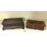 TWO WOODEN BOXES; ONE CARVED; THE OTHER FRETWORKED; LARGEST 33 X 16CM