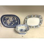 WILLOW PATTERN MEAT PLATE, WEDGWOOD BALITMORE ETRURIA MEAT PLATE AND VICTORIAN BLUE AND WHITE