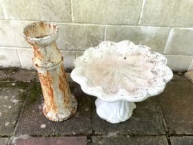 CONCRETE CLAM SHELL BIRD BATH WITH A CAST IRON BASE PLANTER